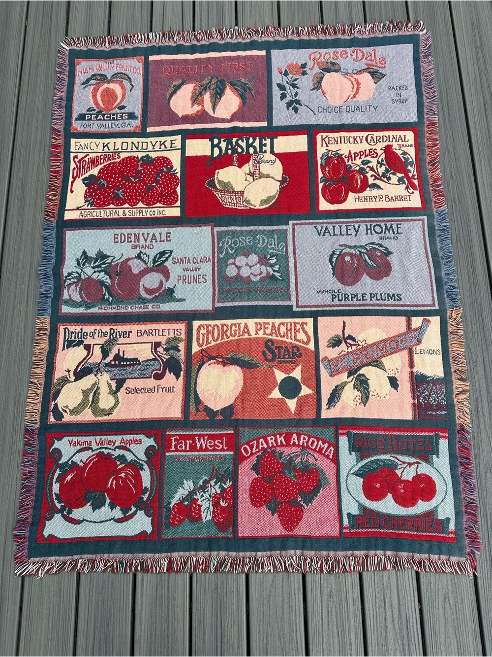 Vintage Goodwin Weavers cotton tapestry throw blanket antique fruit crate labels